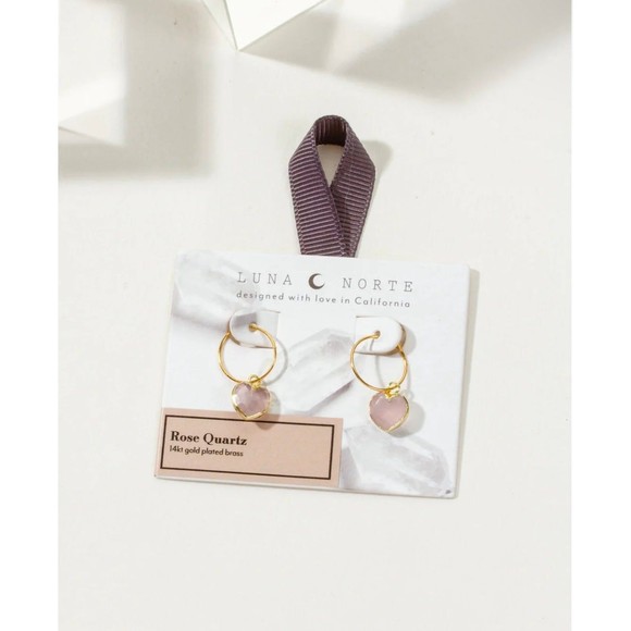 Mini Hoop Heart Earrings Rose Quartz - Picture 2 of 6